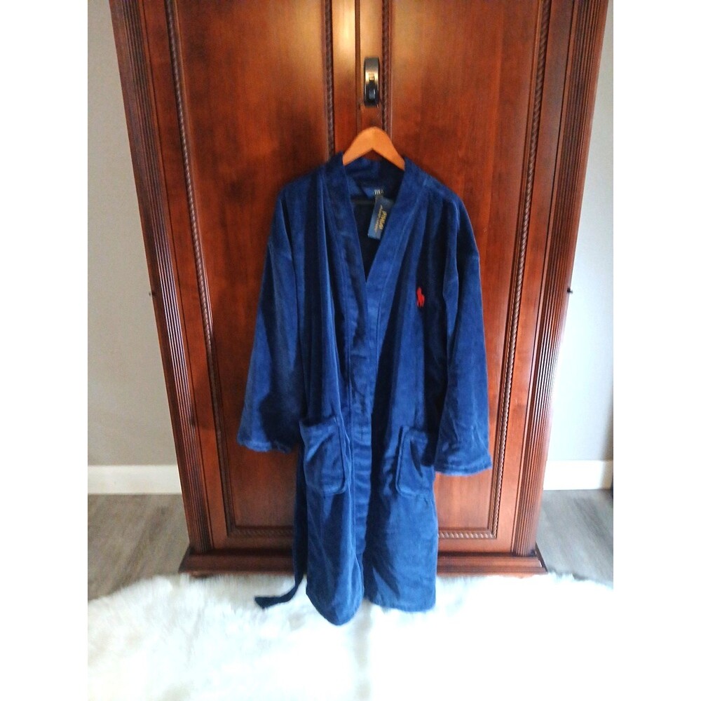 NWT Polo Ralph Lauren Size S/M Velour Navy Blue Robe Red Logo Belted Pockets